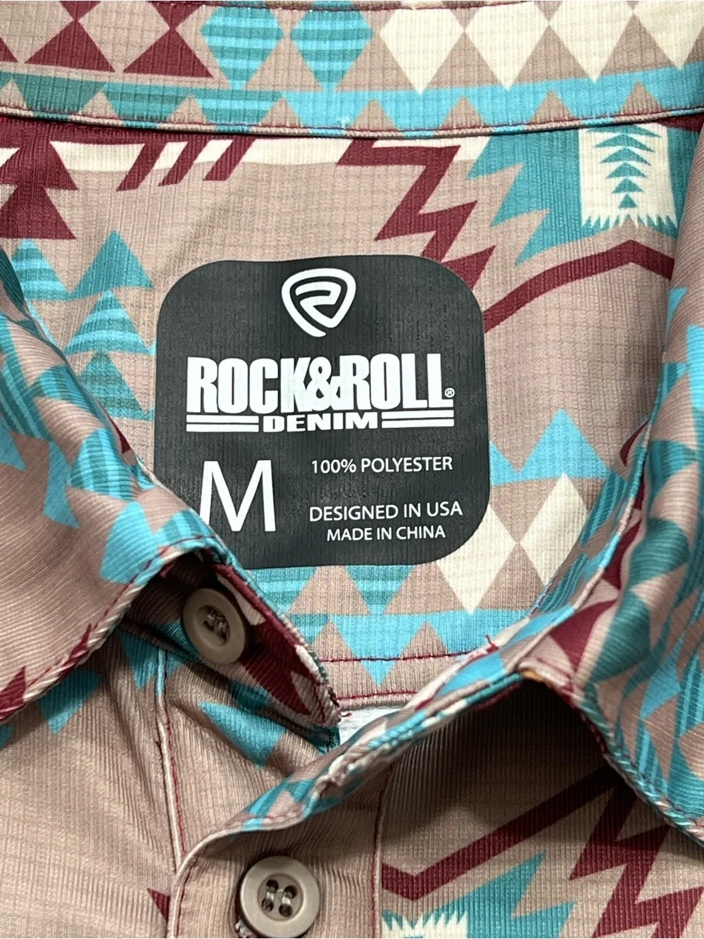 Rock & Roll Denim Aztec Print Polo Shirt Brown Aqua Red S/S Men’s Size Med